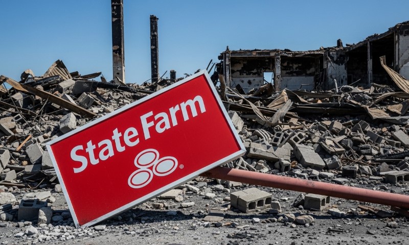Red "State Farm" sign lies amid rubble and debris from a destroyed building