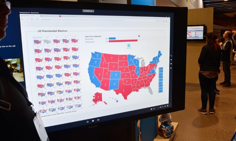 An interactive digital display shows a U.S. map with states in red and blue, indicating presidential election outcomes