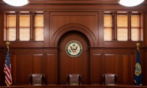 Empty courtroom with wooden paneling, featuring three brown leather chairs, the U.S. flag, and a "Court of Appeals" seal