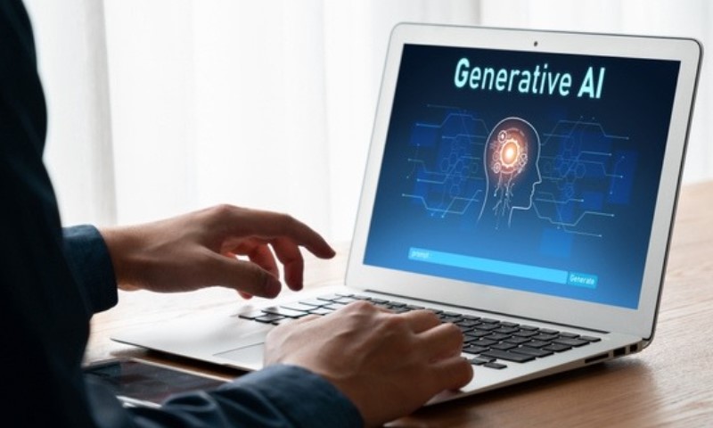 A person types on a laptop displaying "Generative AI" with a digital brain graphic