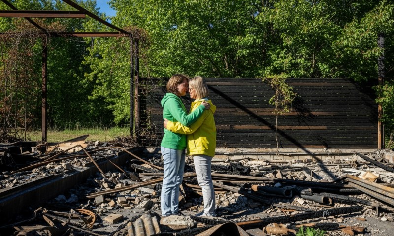 Two people stand embracing at the center of charred debris and metal ruins, surrounded by greenery and bright sunlight