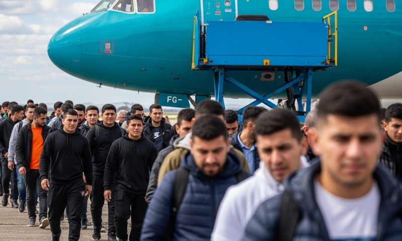 A group of men in casual clothing disembark from a teal airplane on a clear day
