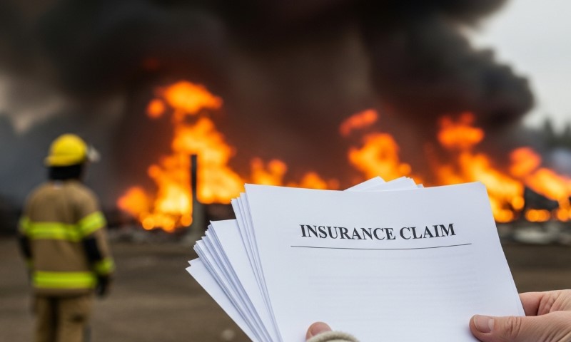 A person holds insurance claim papers in the foreground, with a firefighter and a large fire burning intensely in the background