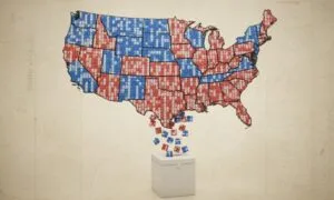 Map of the U.S. shows states in blue and red puzzle pieces, symbolizing political divisions