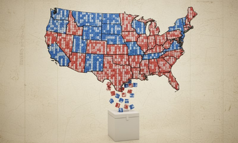 Map of the U.S. shows states in blue and red puzzle pieces, symbolizing political divisions