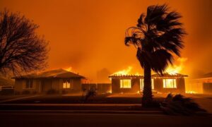Two houses engulfed in flames under an orange smoky sky, with a strong wind blowing a palm tree in the foreground