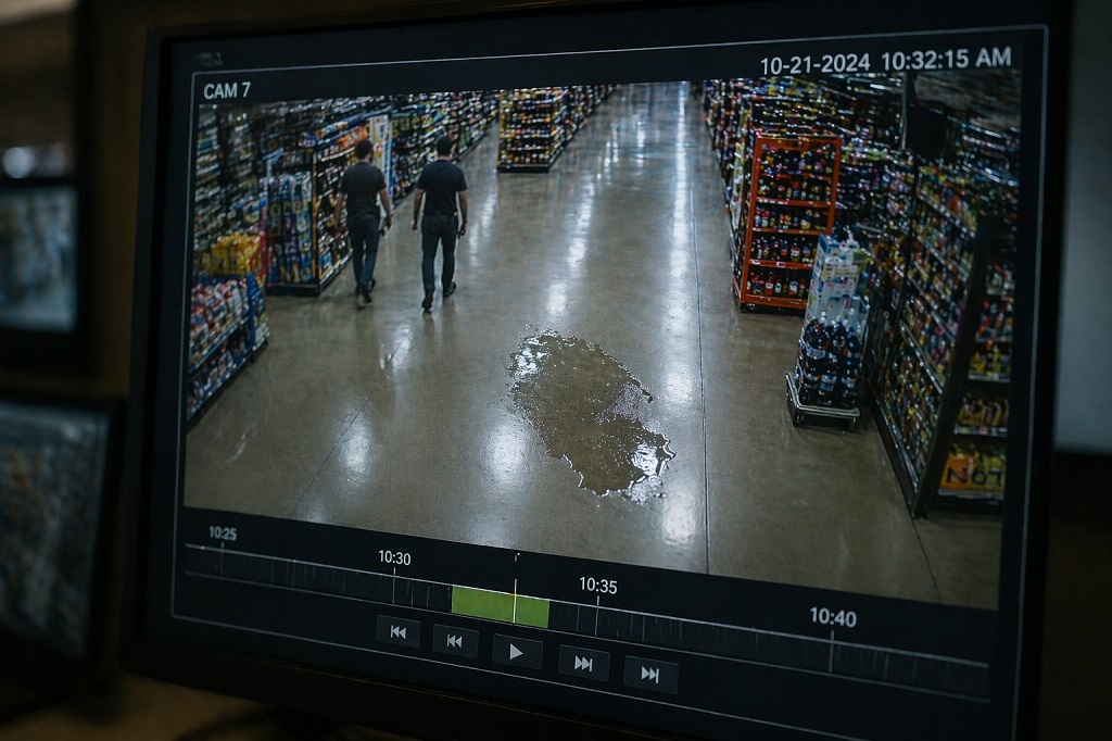 Security camera footage showing liquid spill on supermarket floor with people walking nearby