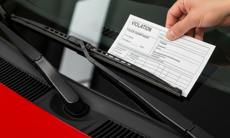 A hand places a parking violation ticket under a windshield wiper on a red car, indicating a fine