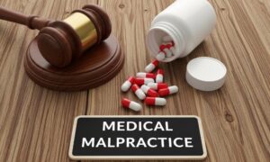 A wooden gavel rests beside a spilled pill bottle on a wooden surface. Below, a black sign reads "Medical Malpractice,"