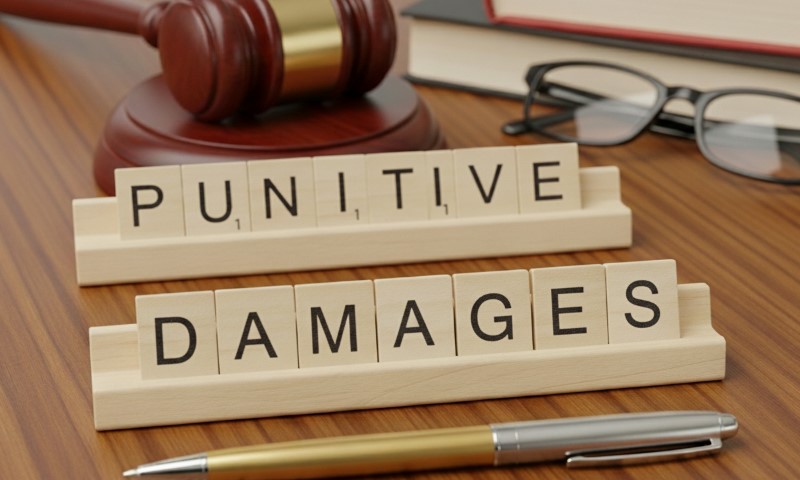 Wooden tiles spell "Punitive Damages" on holders next to a judge's gavel, glasses, and pen on a wooden desk