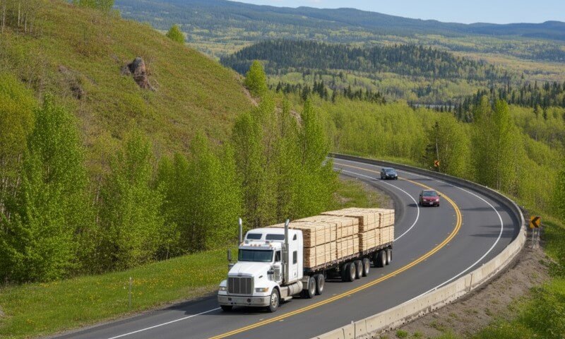 A white semi-truck with a flatbed loaded with lumber navigates a winding road through lush, green hills under a clear blue sky