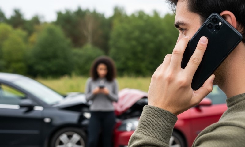 A man on the phone stands beside a car accident, with two damaged cars in the background