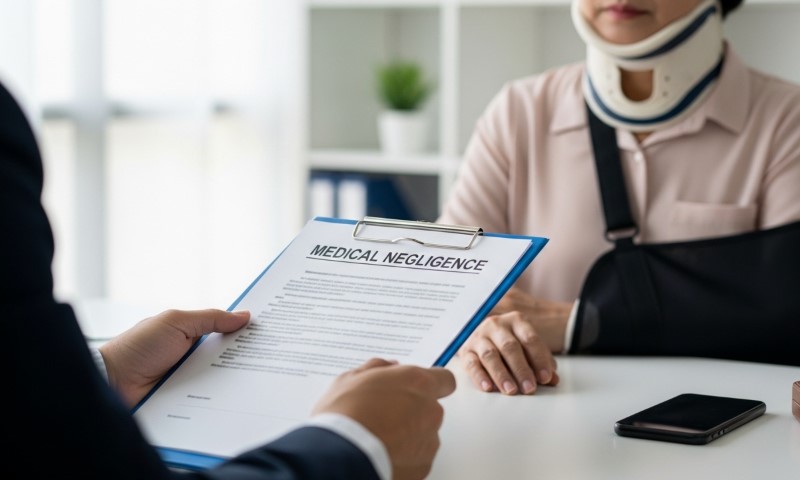 A person with a neck brace and arm sling sits across from someone holding a "Medical Negligence" form