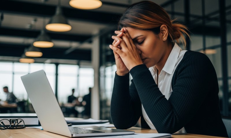 A woman sits at a desk with a laptop, resting her head in her hands, appearing stressed