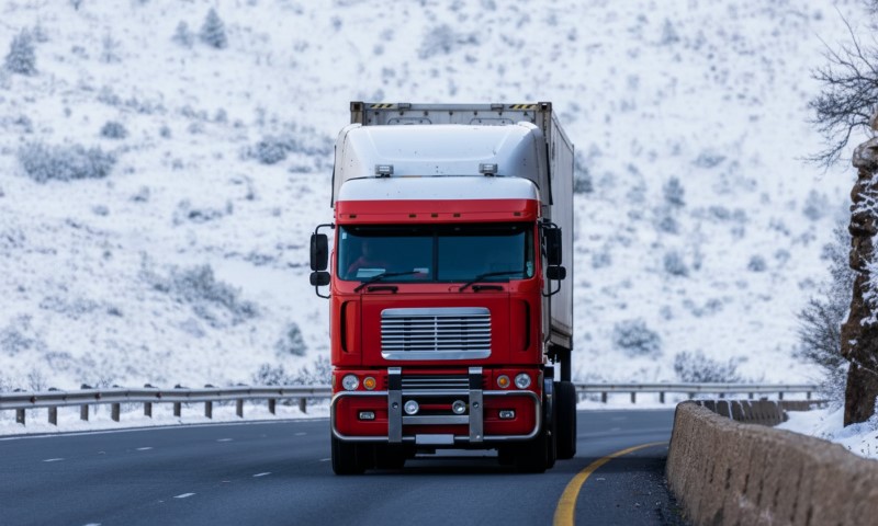 A red truck travels on a snowy highway with snow-covered hills in the background