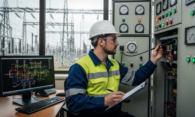 A technician in a hard hat and safety vest checks electrical equipment in a control room