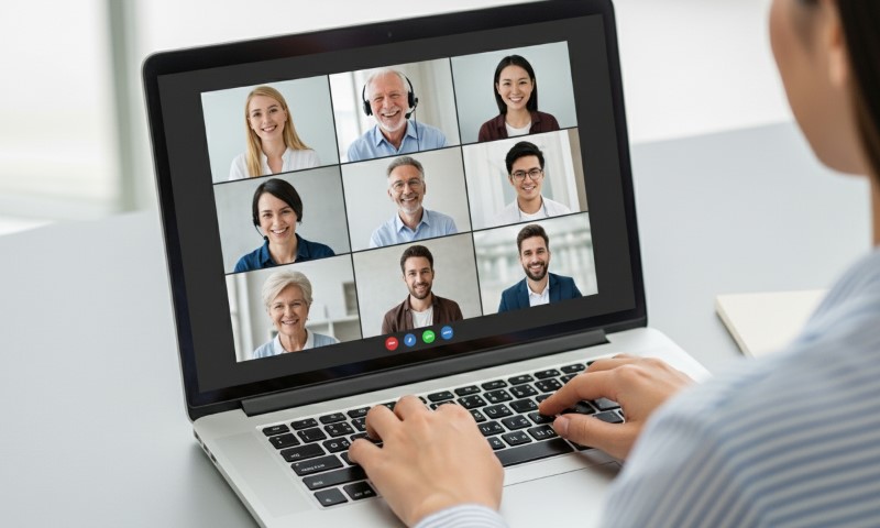 A person using a laptop for a video call showing eight smiling individuals in a grid layout