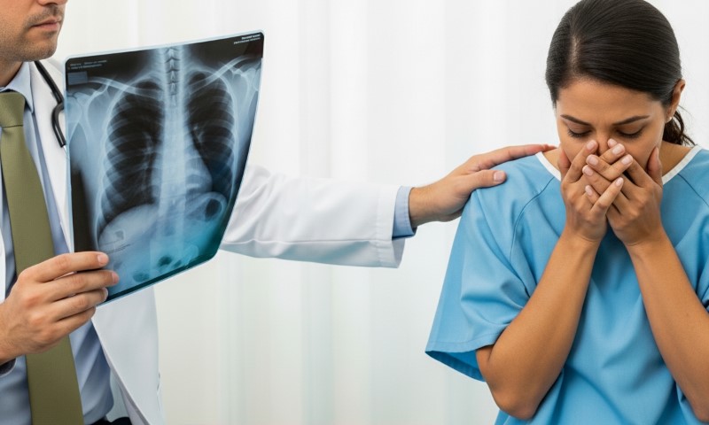 A doctor shows a chest X-ray, resting a comforting hand on a distressed woman in a blue gown