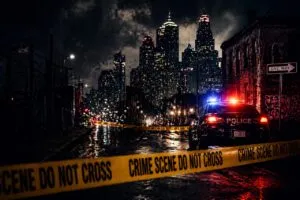 Dark, rainy cityscape with illuminated skyscrapers. A police car with flashing lights is behind crime scene tape