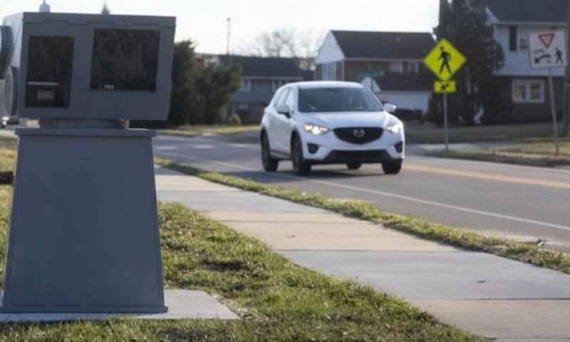 A white car approaches a pedestrian crossing on a suburban road, passing a roadside speed camera