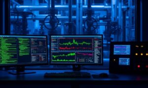 Three computer monitors display green and red graphs and data in a dimly lit industrial control room with blue-lit pipes and machinery