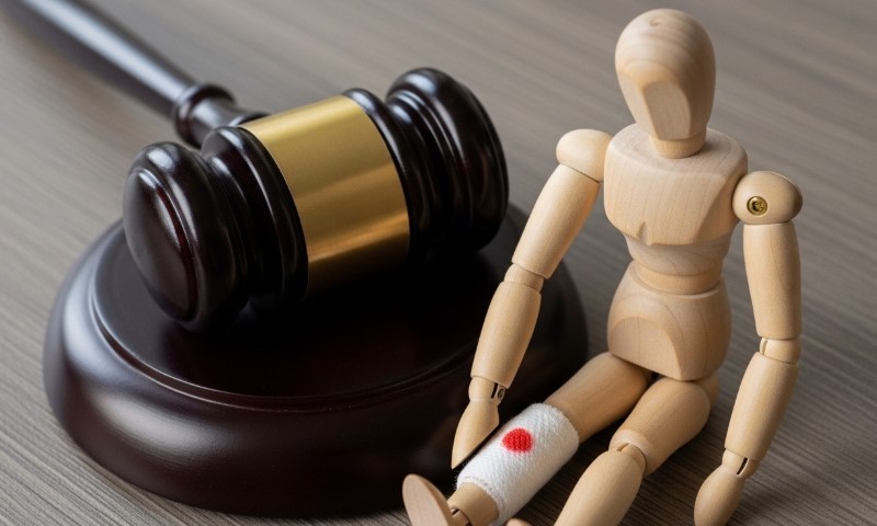 A wooden mannequin with a bandaged leg sits beside a judge's gavel on a wooden surface