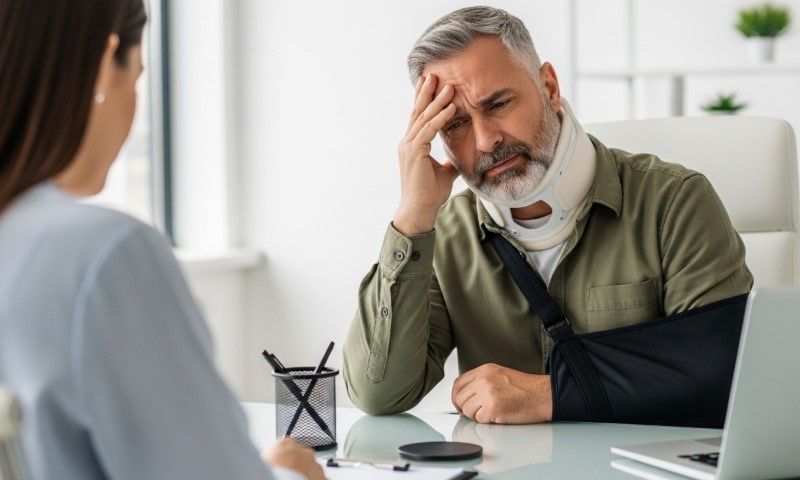 A man with a neck brace and arm sling looks frustrated, sitting at a desk across from a woman