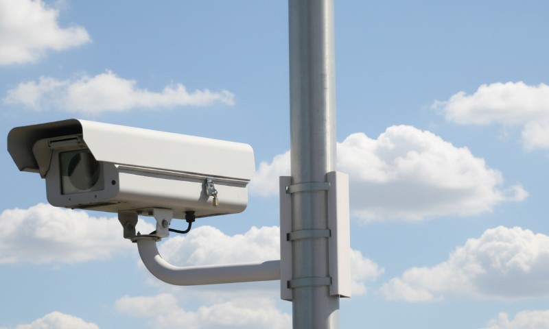 Security camera mounted on a pole against a clear blue sky with fluffy clouds