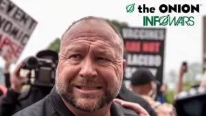 Man stands at a protest as The Onion and Infowars logos appear above him