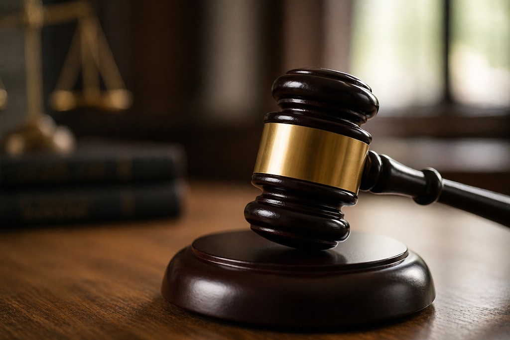 Close-up of judge gavel on wooden desk representing legal decision