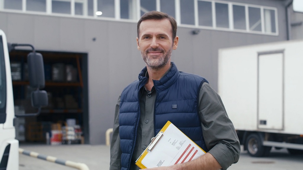 Logistics worker holding clipboard near delivery trucks at warehouse facility