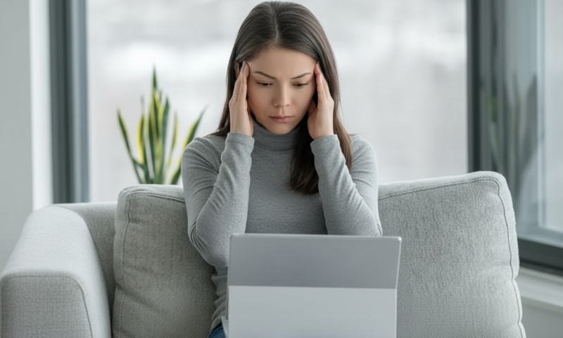 A woman in a gray sweater sits on a couch, looking stressed as she holds her head with both hands while staring at a laptop