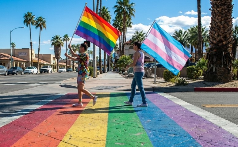 Two people walk across a rainbow-painted crosswalk holding LGBTQ+ and transgender flags