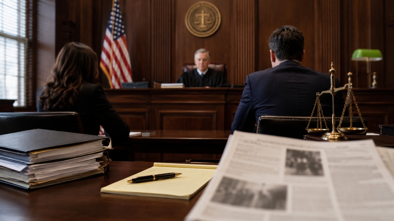 Courtroom scene with legal files, a judge, and a blurred newspaper during a workplace lawsuit hearing