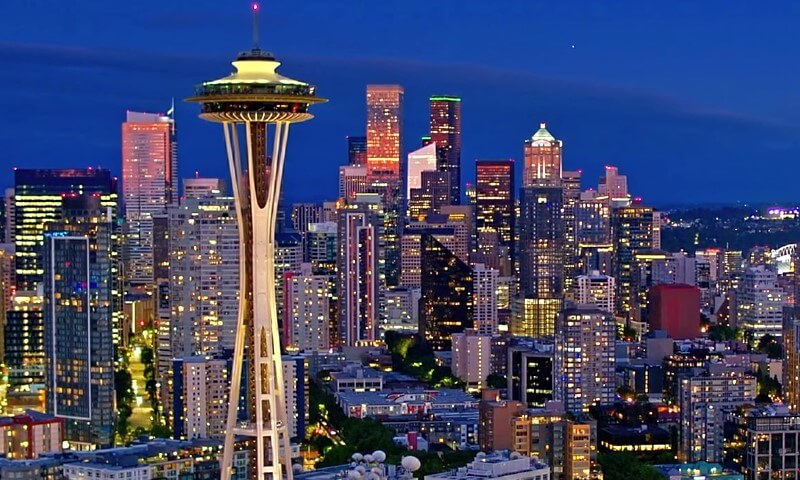 Seattle skyline at dusk with the Space Needle in the foreground