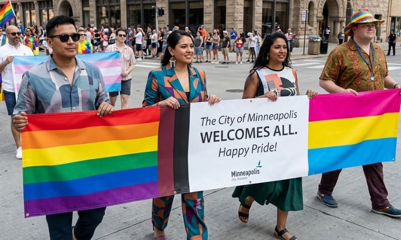Participants in colorful attire hold a banner reading "The City of Minneapolis WELCOMES ALL. Happy Pride!" in a lively pride parade