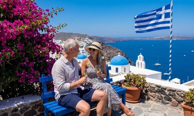 A couple sits on a blue bench, enjoying drinks with a view of the sea and white buildings. A Greek flag waves, and pink flowers bloom nearby.