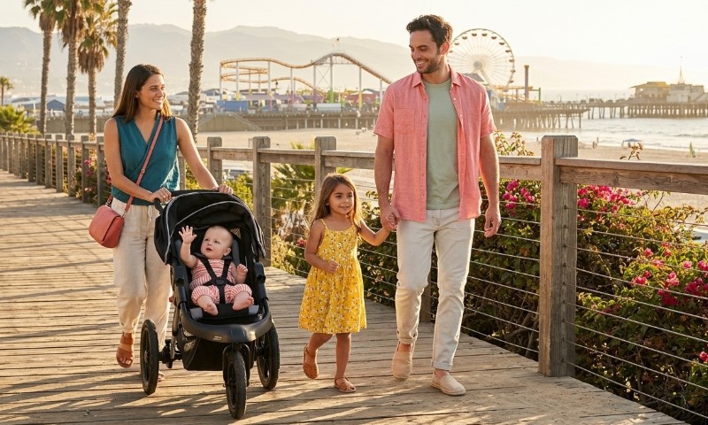 A family of four enjoys a sunny day on a boardwalk by the beach