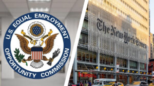EEOC seal appears beside The New York Times building in a visual for a promotion bias lawsuit