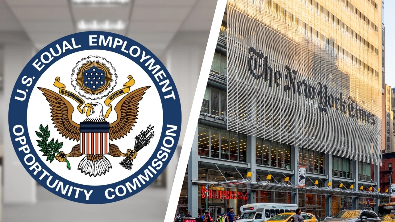 EEOC seal appears beside The New York Times building in a visual for a promotion bias lawsuit
