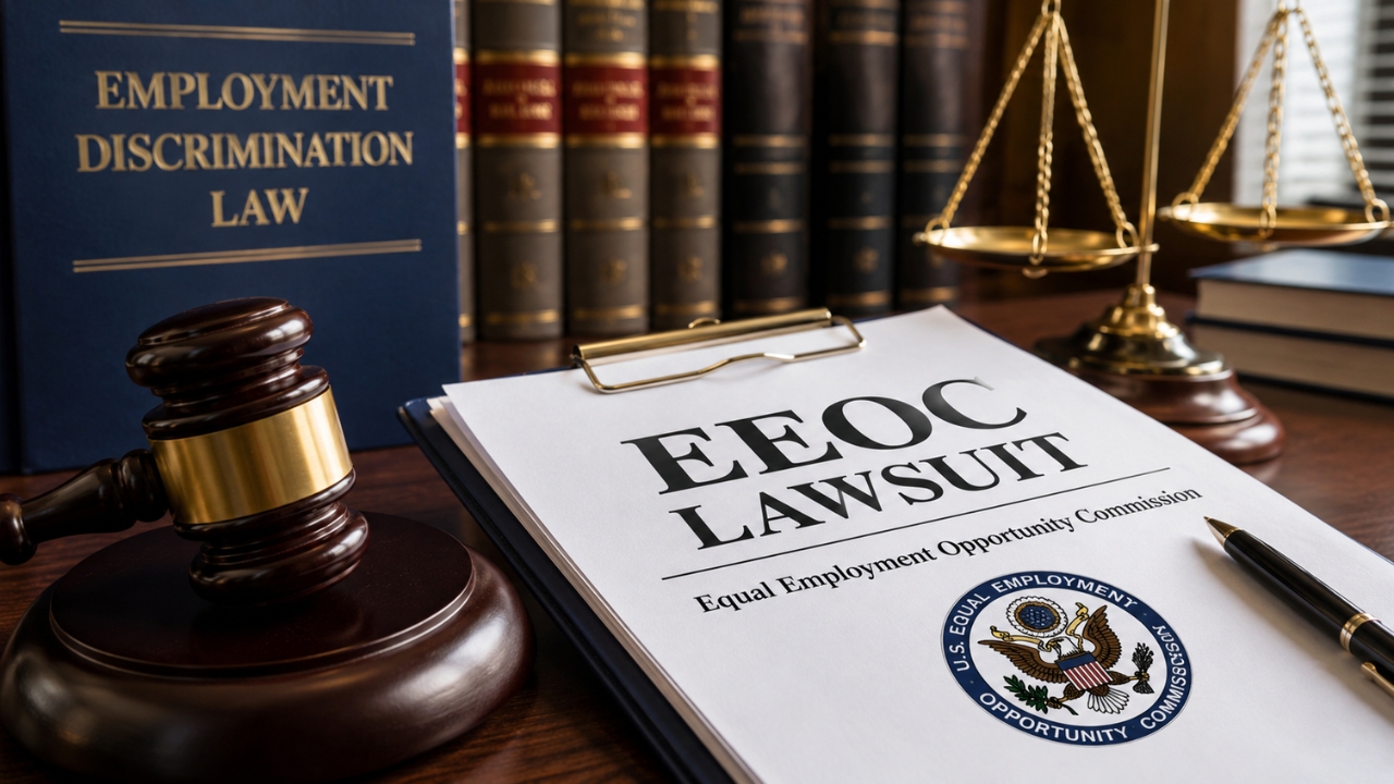 EEOC lawsuit document sits on a legal desk with a gavel and employment discrimination law book