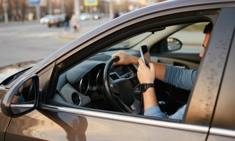A man in a blue shirt is texting on his smartphone while driving a car in city traffic