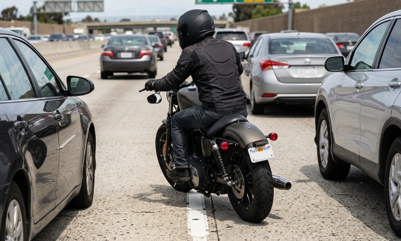 A motorcyclist wearing a helmet and jacket lane splitting through dense highway traffic