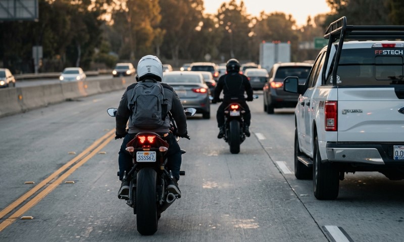 A rear view of two riders on motorcycles driving in lanes between cars on a busy road