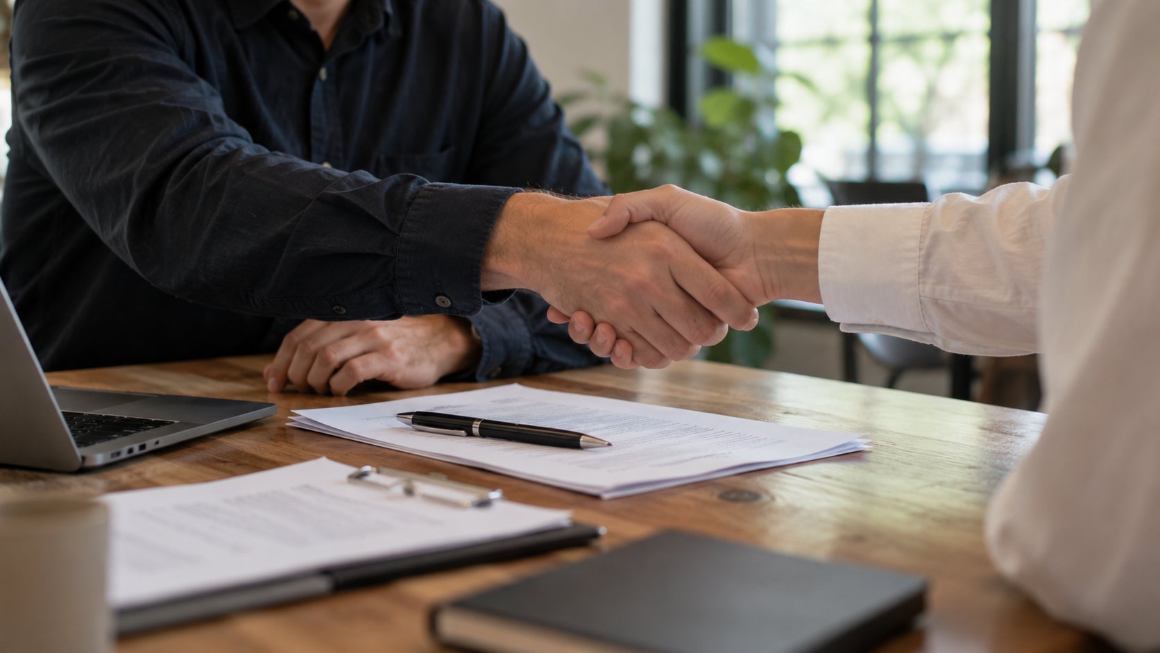 Two business owners shake hands over legal documents.