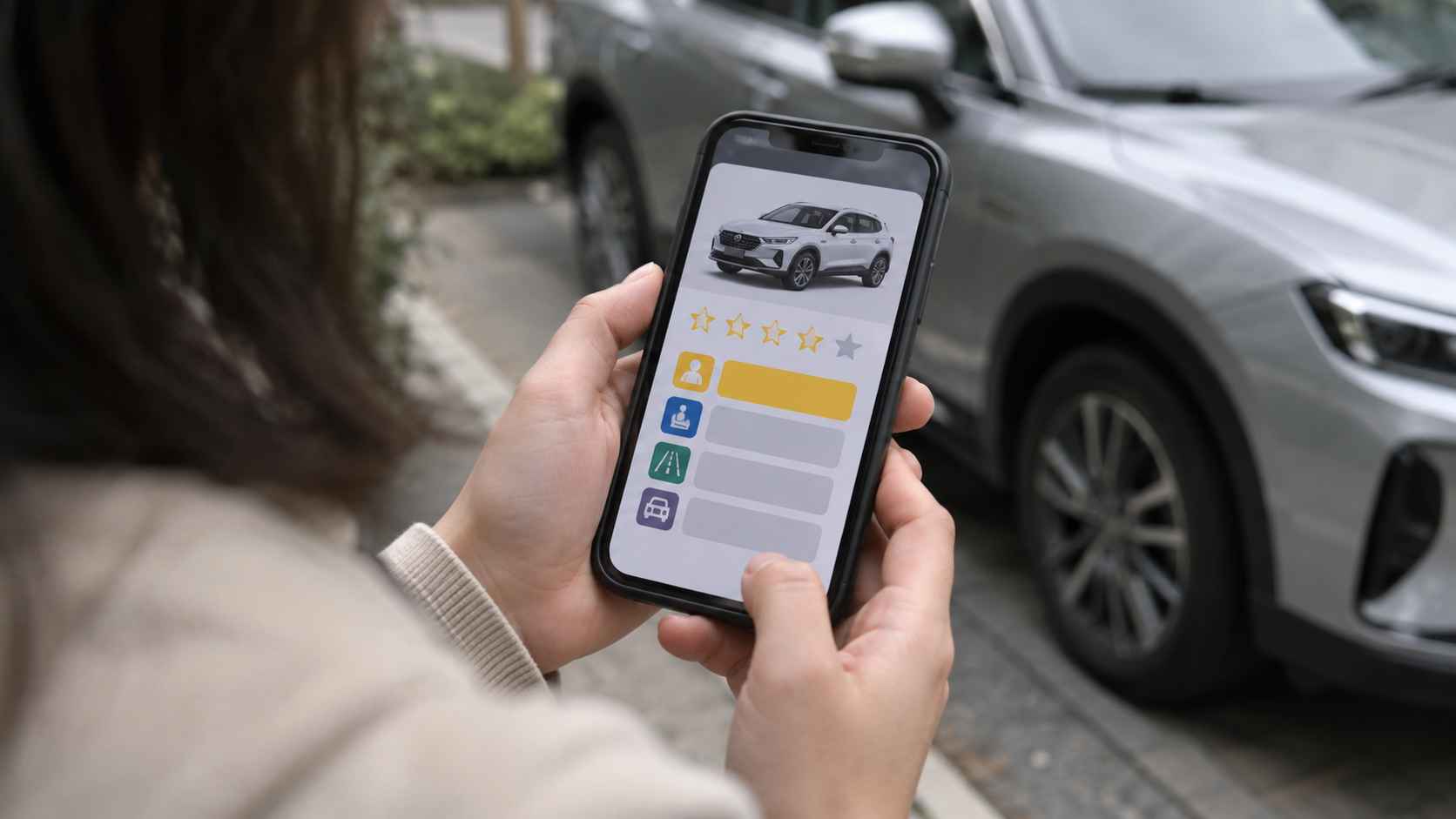 Woman checks vehicle safety ratings on her smartphone beside a silver SUV.