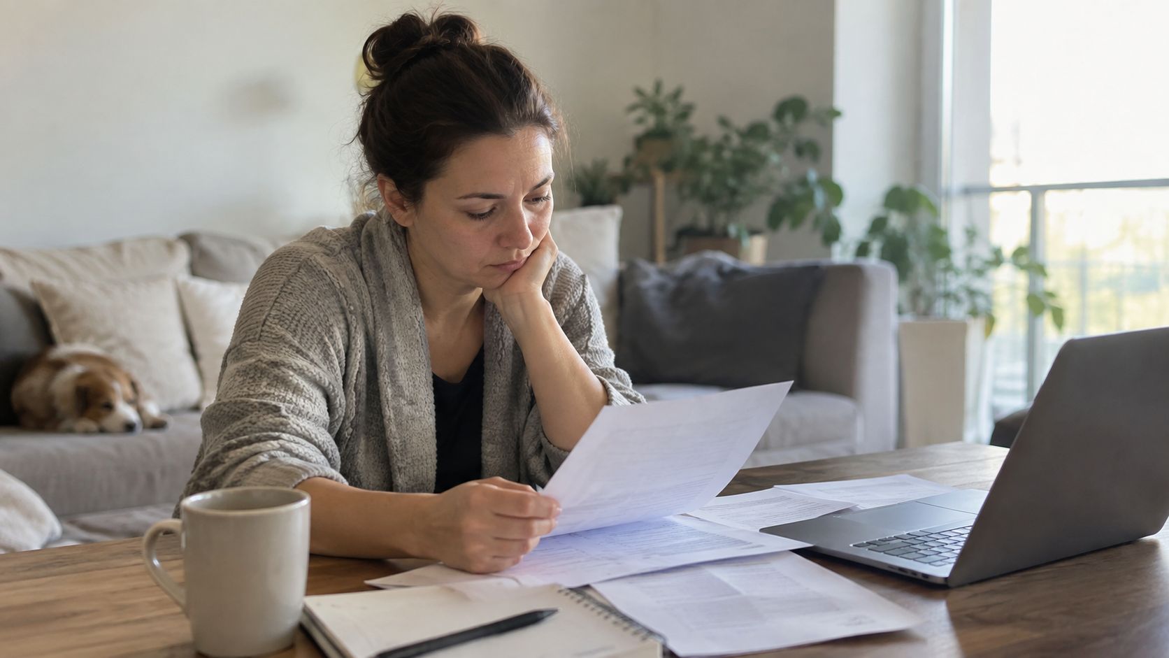 Woman reading leave documents beside a laptop.