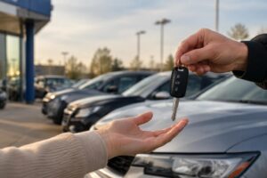 A buyer receives car keys at a used car dealership.