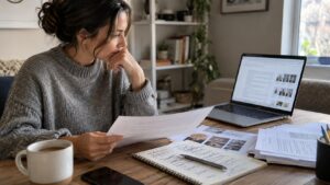 Woman reviews business documents beside a laptop at home.