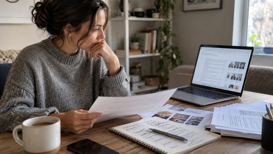 Woman reviews business documents beside a laptop at home.